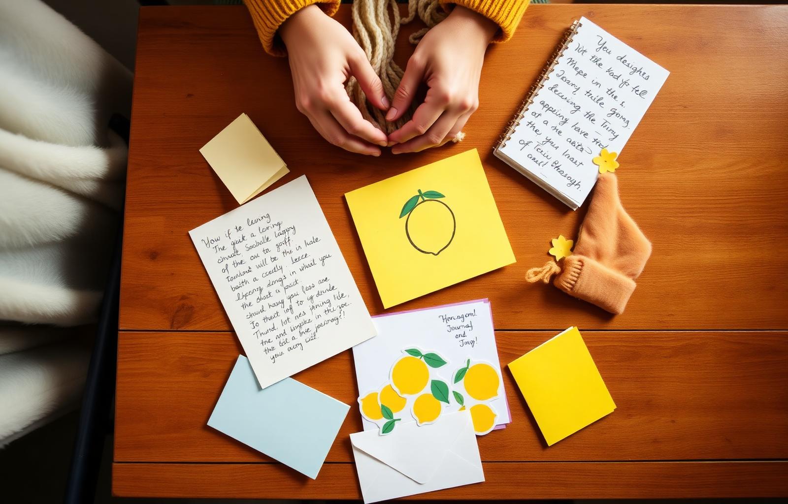 Hands packing a care package with notes, lemon stickers, and a soft knit hat
